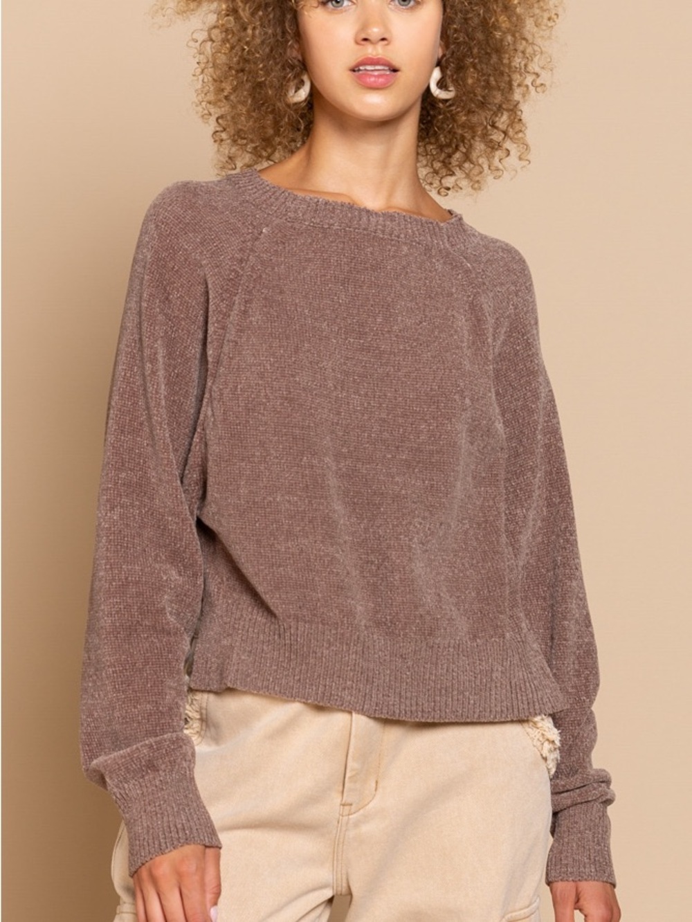 POL Round Neck Backless Sweater with Ribbed Edge